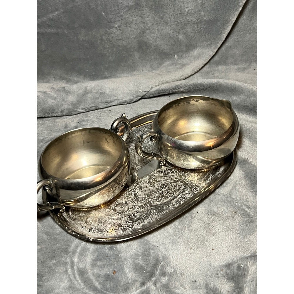 Vintage Silverplate Creamer Sugar Set Tray Ornate Floral Serving Set 3pc
